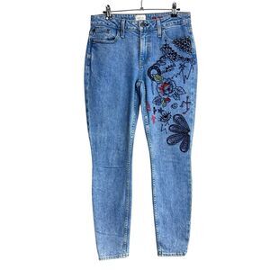 Alice & Olivia Embroidered Jeans Womens Size 26 Blue Boho Flower Hippie Skinny